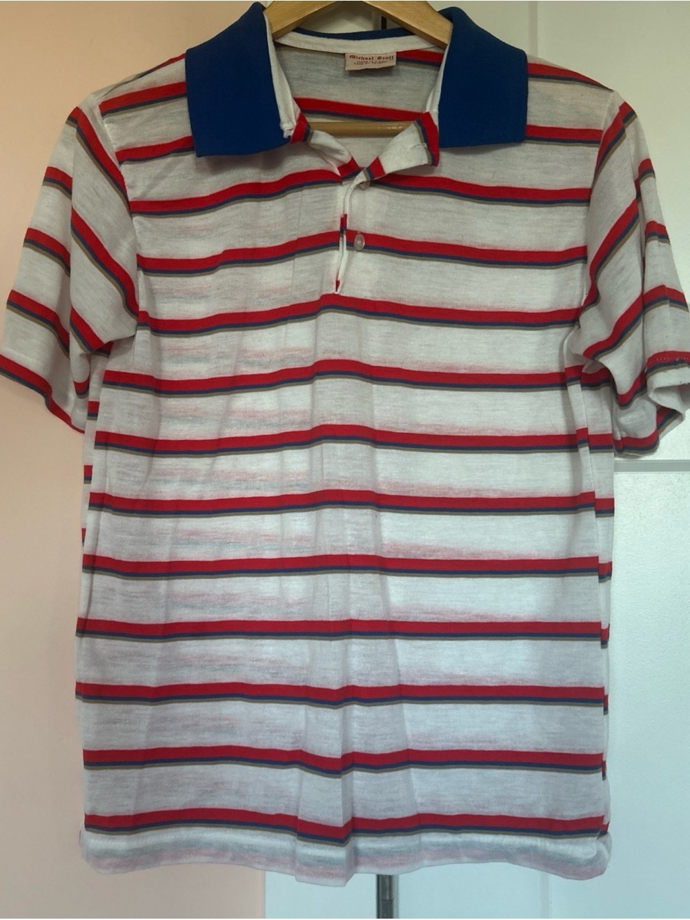 Vtg Michael Scott Polo Shirt M Red Blue Striped Slim Retro 80s Patriotic USA - Picture 1 of 8